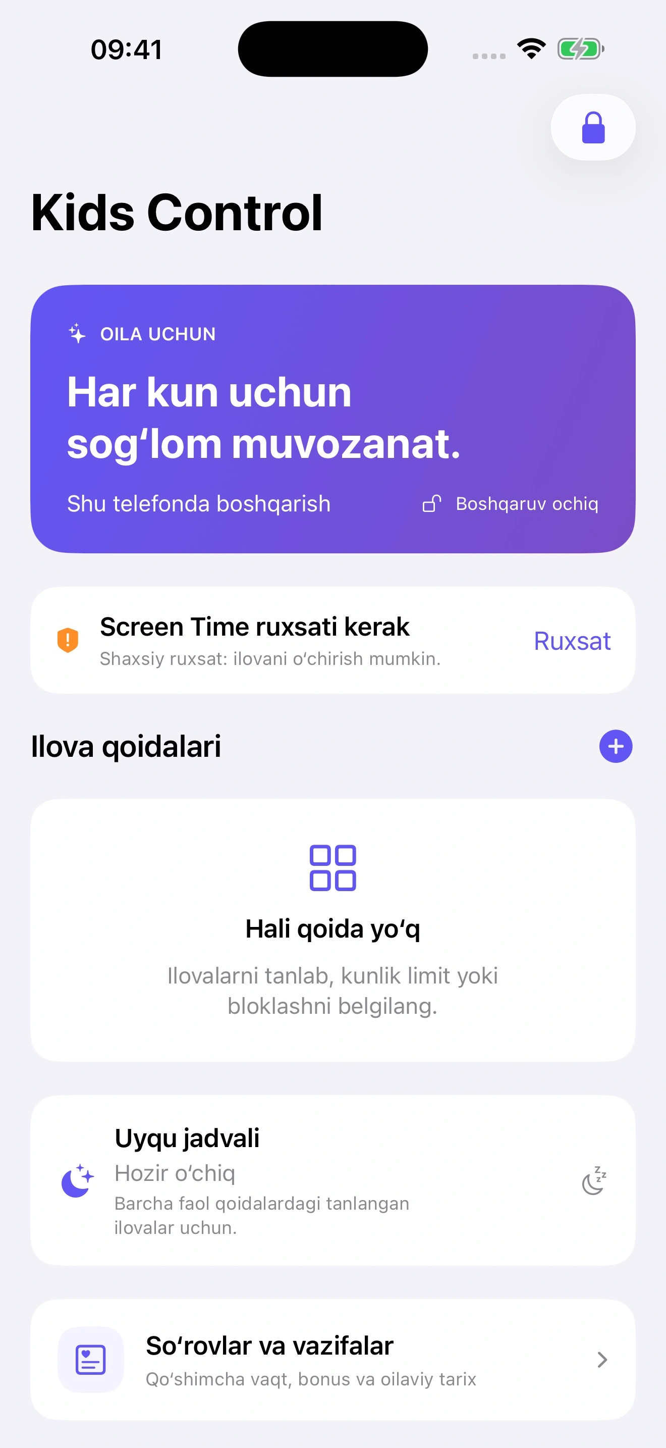 Kids Control ilova qoidalari ekrani