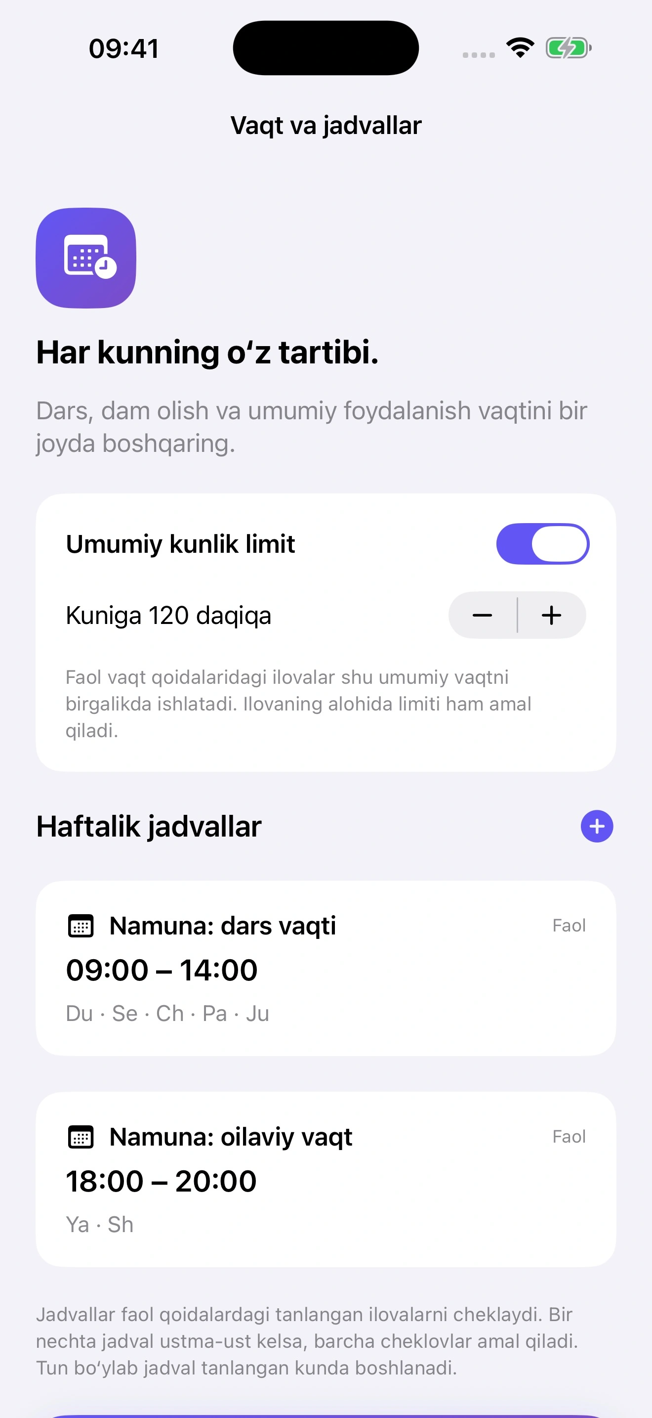 Kids Control ekran vaqti va jadval sozlamalari