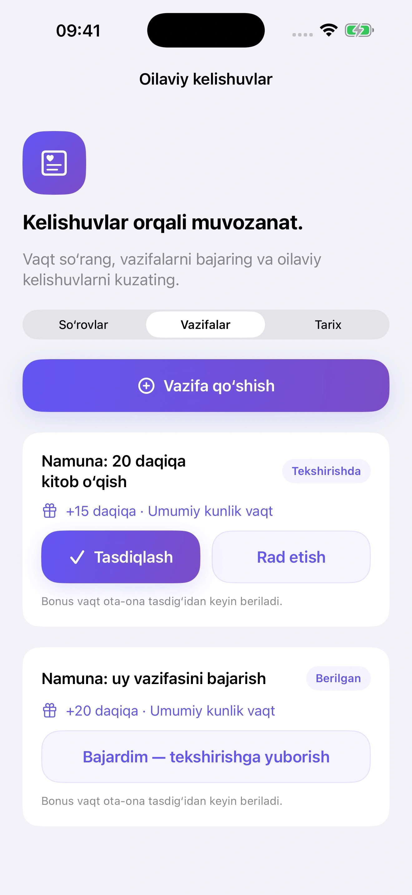 Kids Control oilaviy vazifalar ekrani